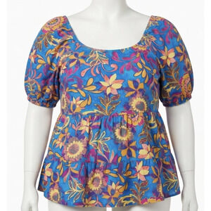 Terra Sky Blouse Womens Plus 1X Blue Yellow Pink Tunic Puff Sleeve Scoop Neck